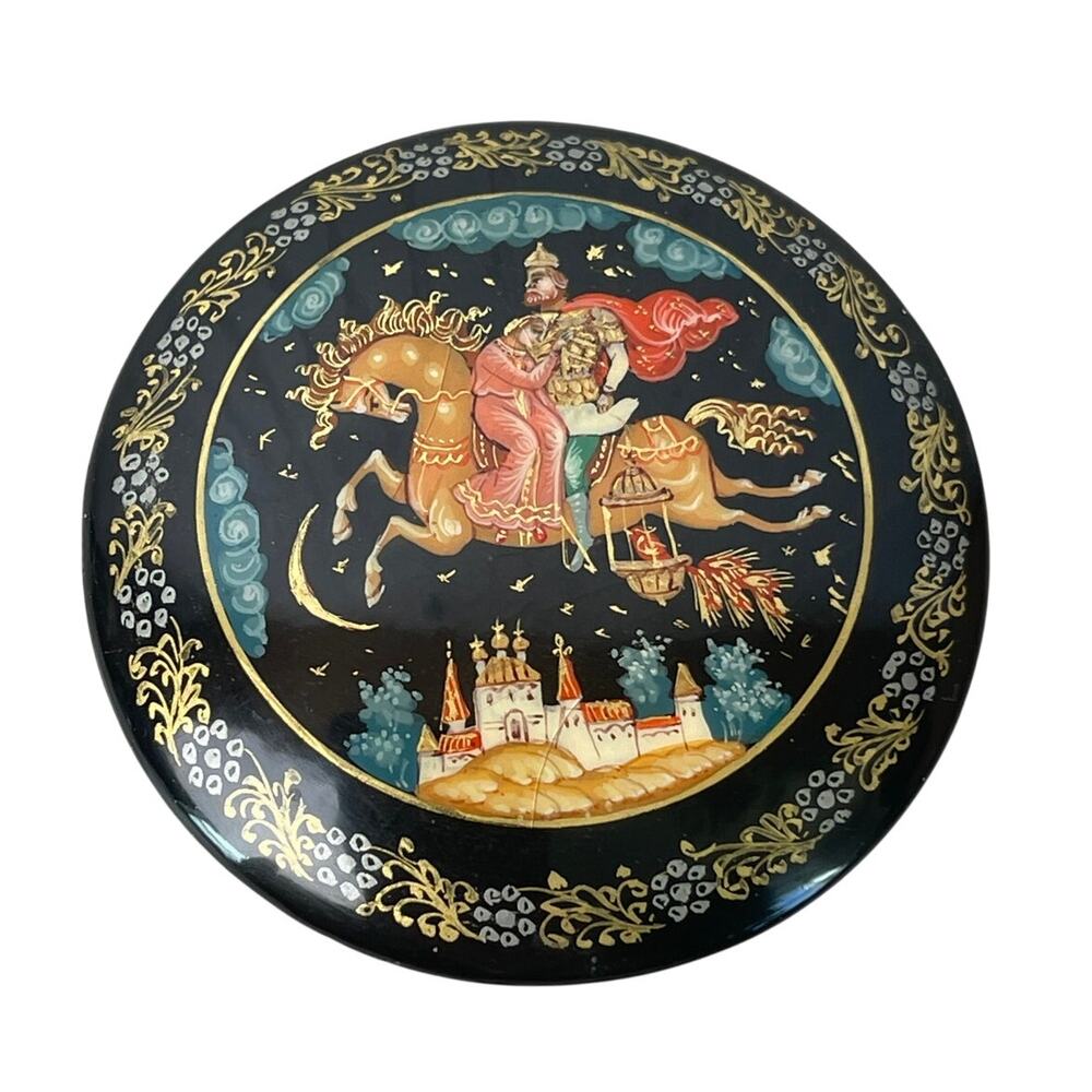Palekh Russian Lacquer Brooch Ruslan and Ludmilla Hand Painted Signed ML 2"